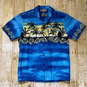 Vintage Hawaiian Shirt USA Made Blue Hawaii Women Button Down Shirt Size S